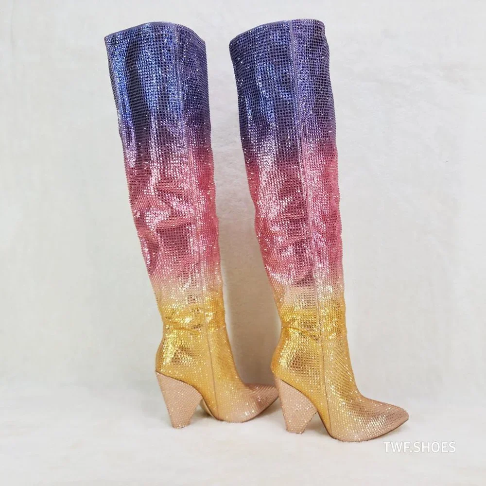 Vegas Gold Ombre Rhinestone OTK Thigh boots 4.25" Heels Party Boots Pink Purple